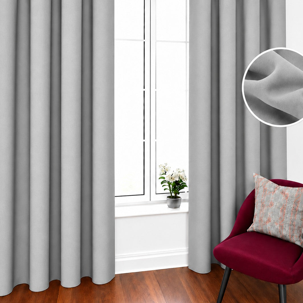 Light Grey velvet curtain color preview, rings on product are silver