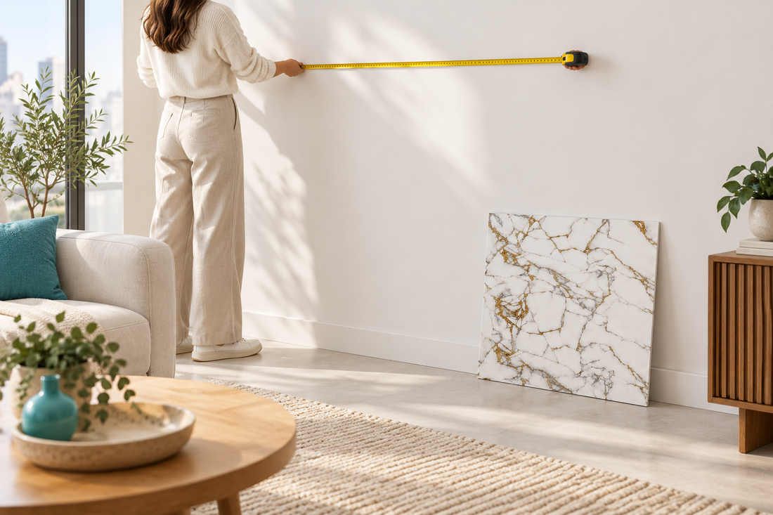 Person measuring a wall with a tape measure beside a 60 × 60 cm marble-look wall panel