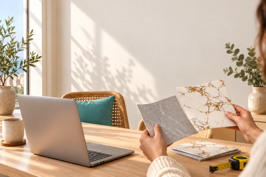 Customer comparing two marble-look wall panel designs beside a laptop