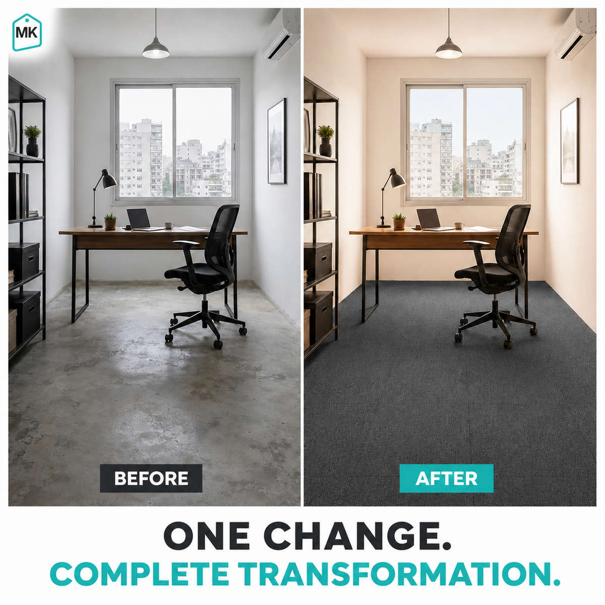 Carpet tiles before and after installation comparison