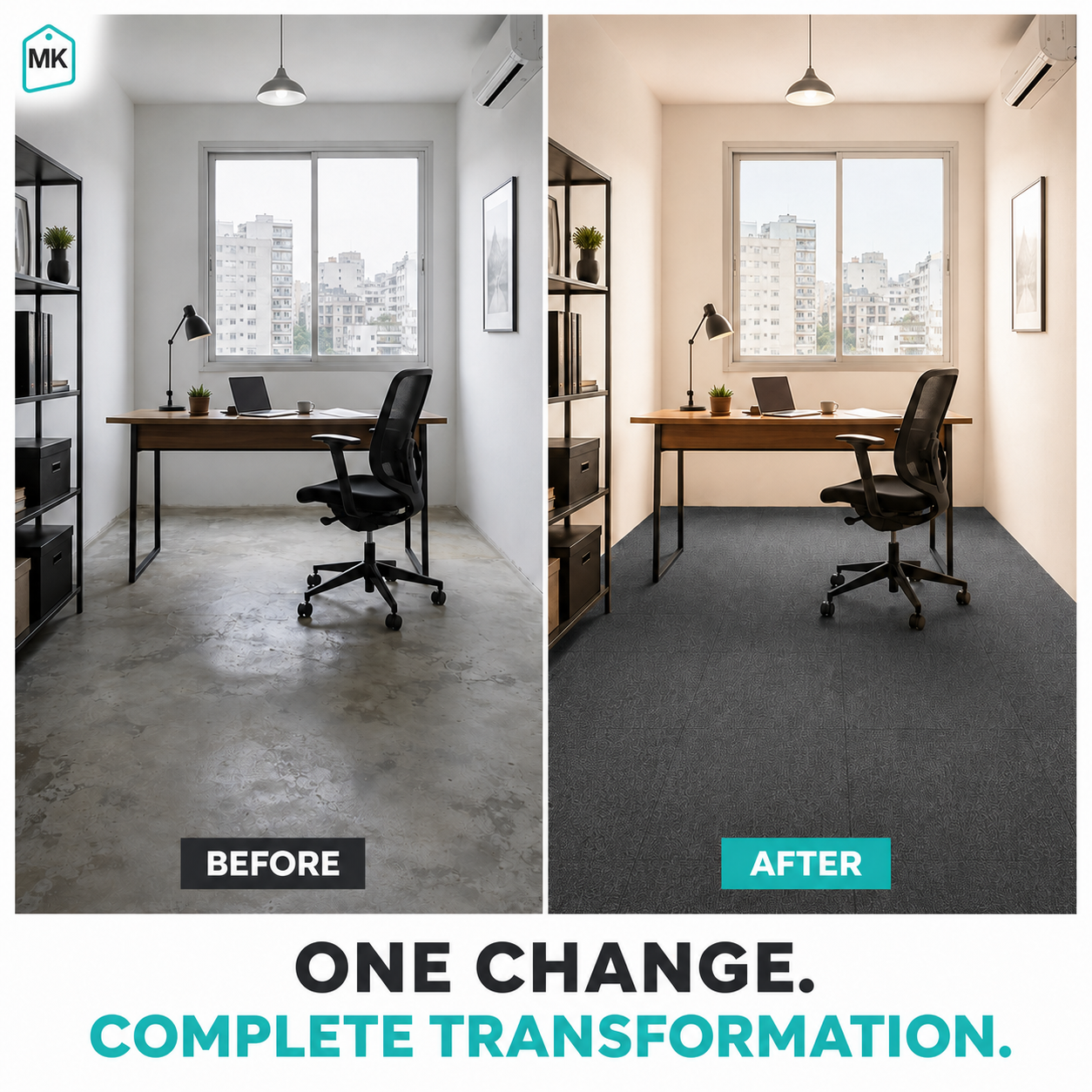 Carpet tiles before and after installation comparison