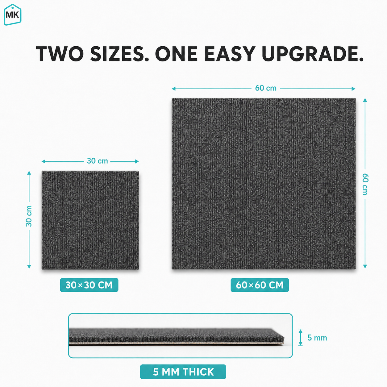 Carpet tiles available in 30x30 cm and 60x60 cm sizes