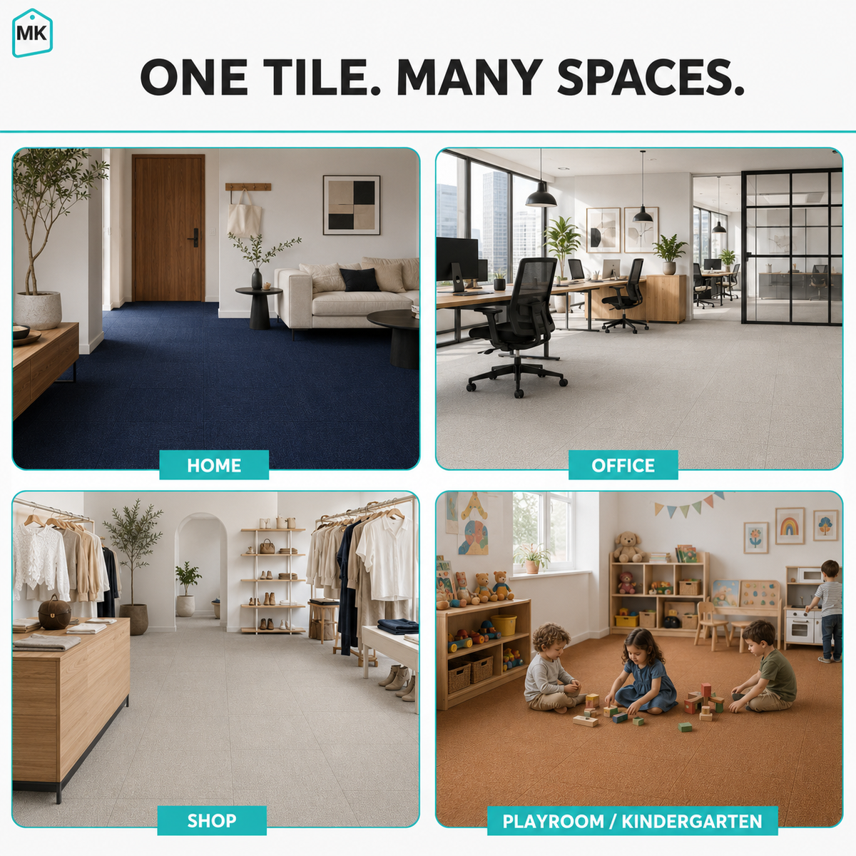 Carpet tiles used in home, office, shop and kindergarten settings