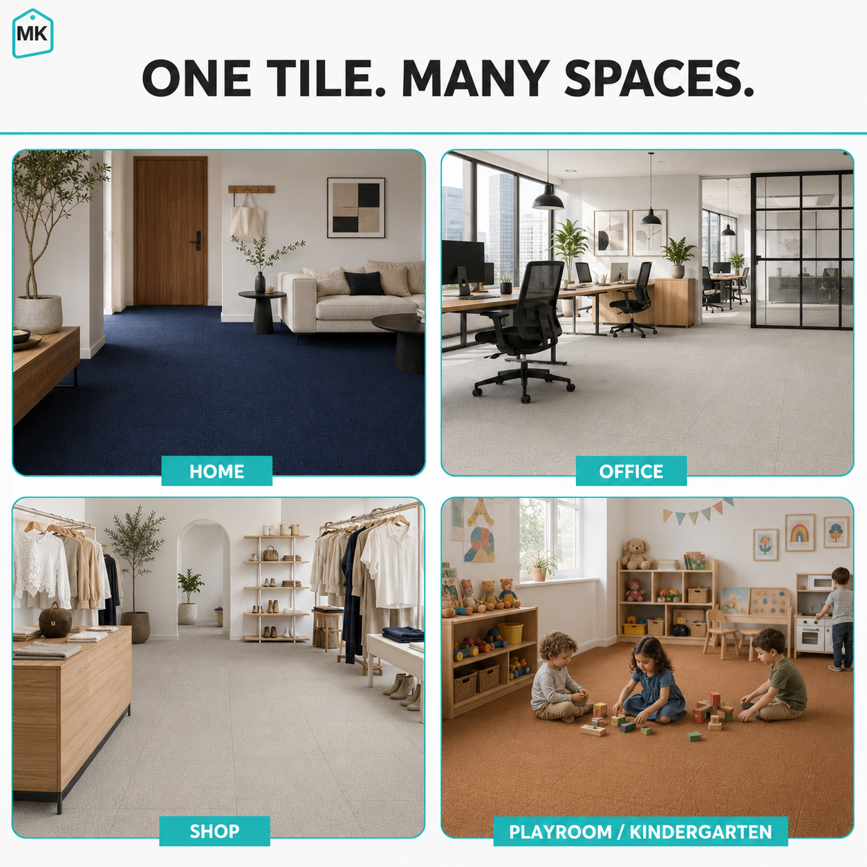 Carpet tiles used in home, office, shop and kindergarten settings