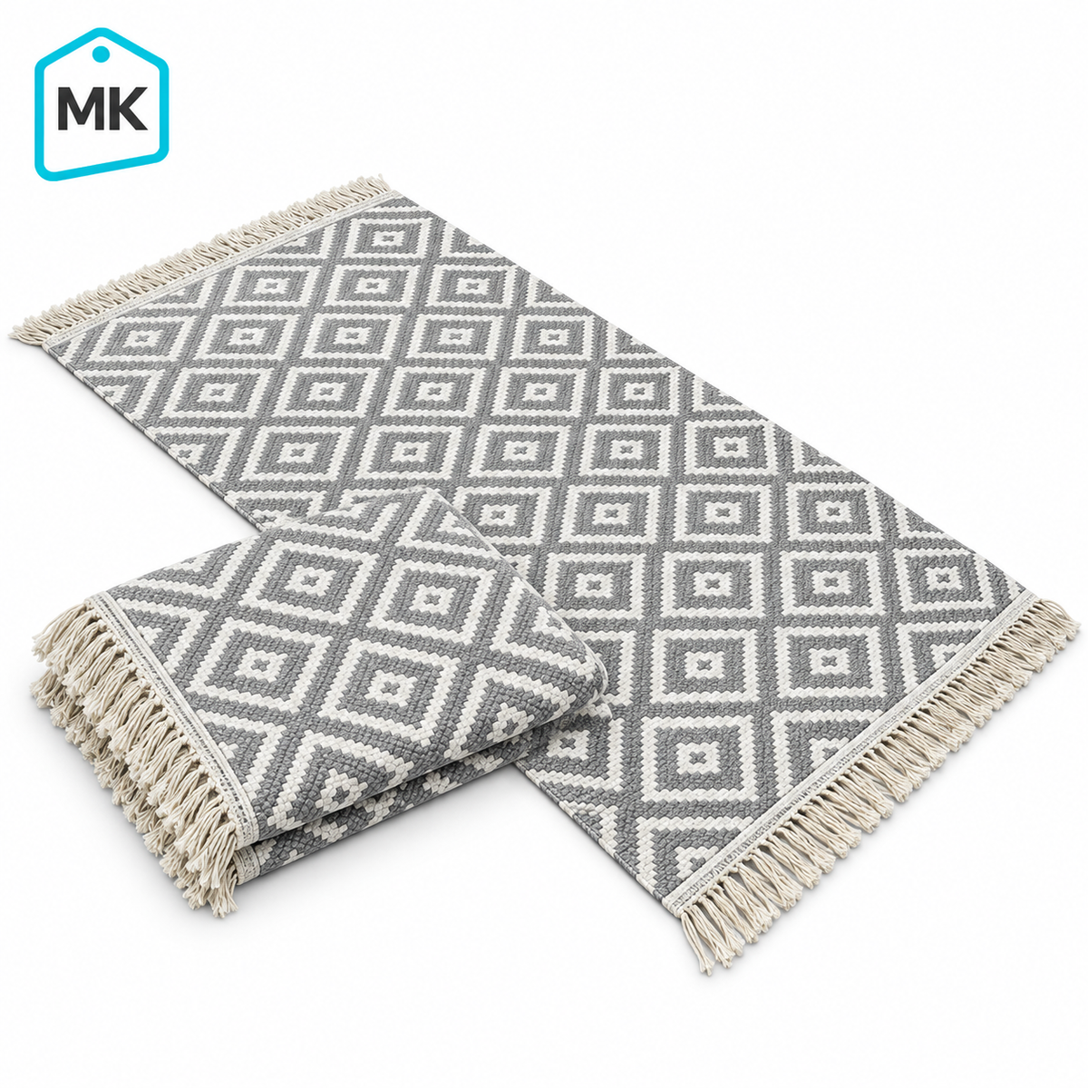 Two reversible grey and white geometric rugs, 90 × 60 cm, on a white background