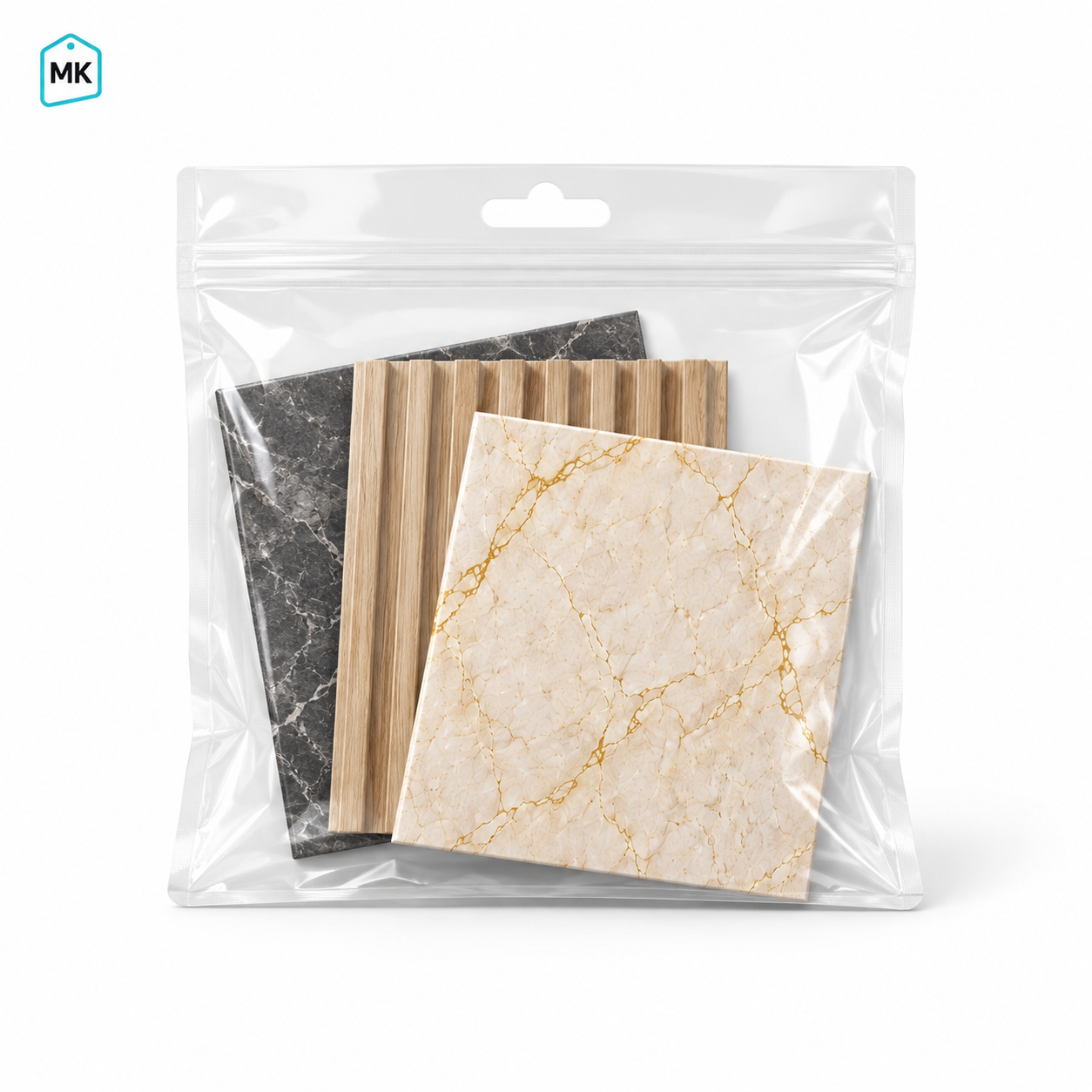 Three wall panel samples in a clear pouch – black marble, wood slat and cream marble | MK Souks Lebanon