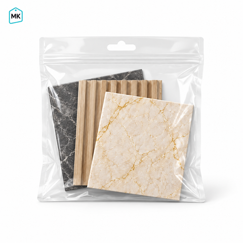 Three wall panel samples in a clear pouch – black marble, wood slat and cream marble | MK Souks Lebanon