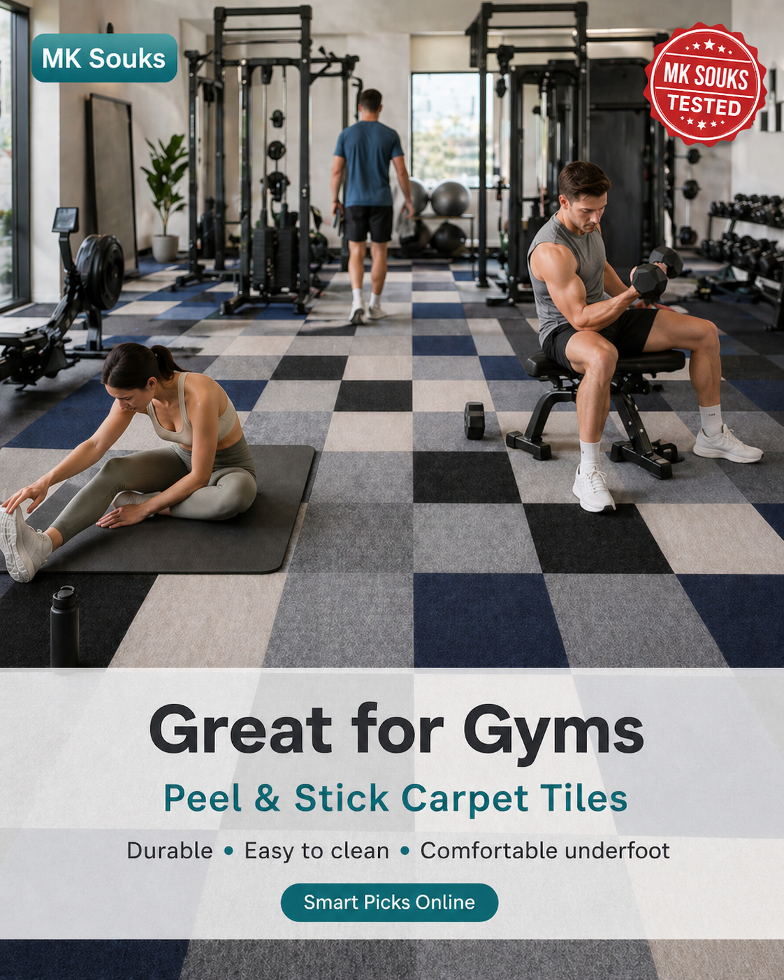 Advertisement for peel and stick carpet tiles in a gym setting with people exercising.