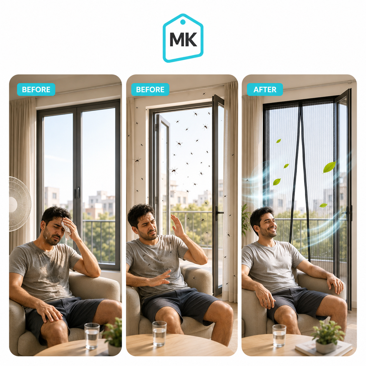 Before and after comparison of a man sitting on a couch with insect problems and no insect problems.