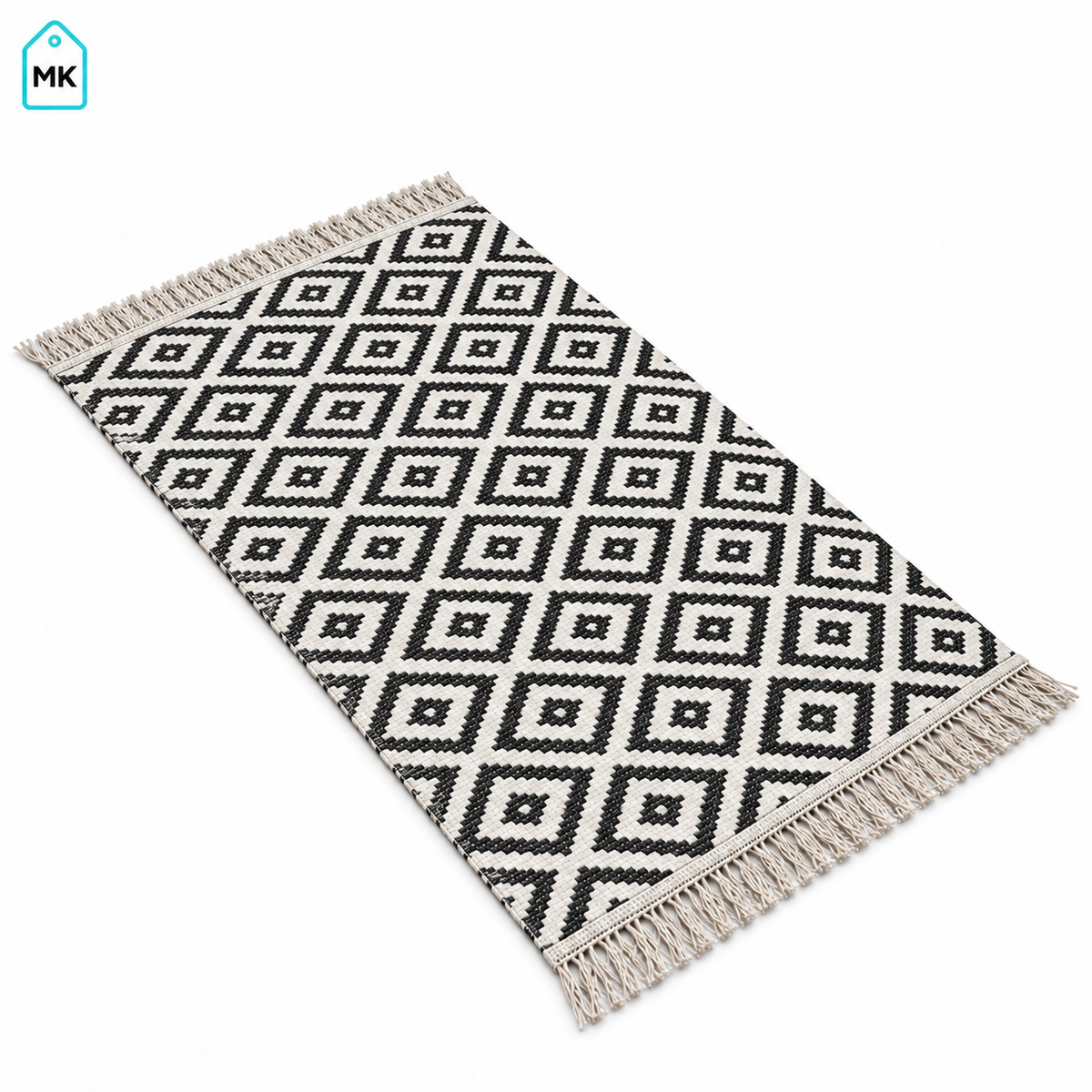 Brown & White reversible rug 90 × 60 cm with fringe on white background