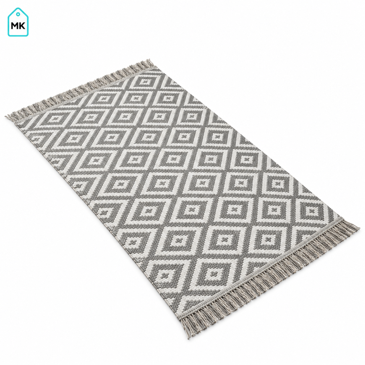 Grey & White reversible geometric accent rug 90 × 60 cm with fringe on white background
