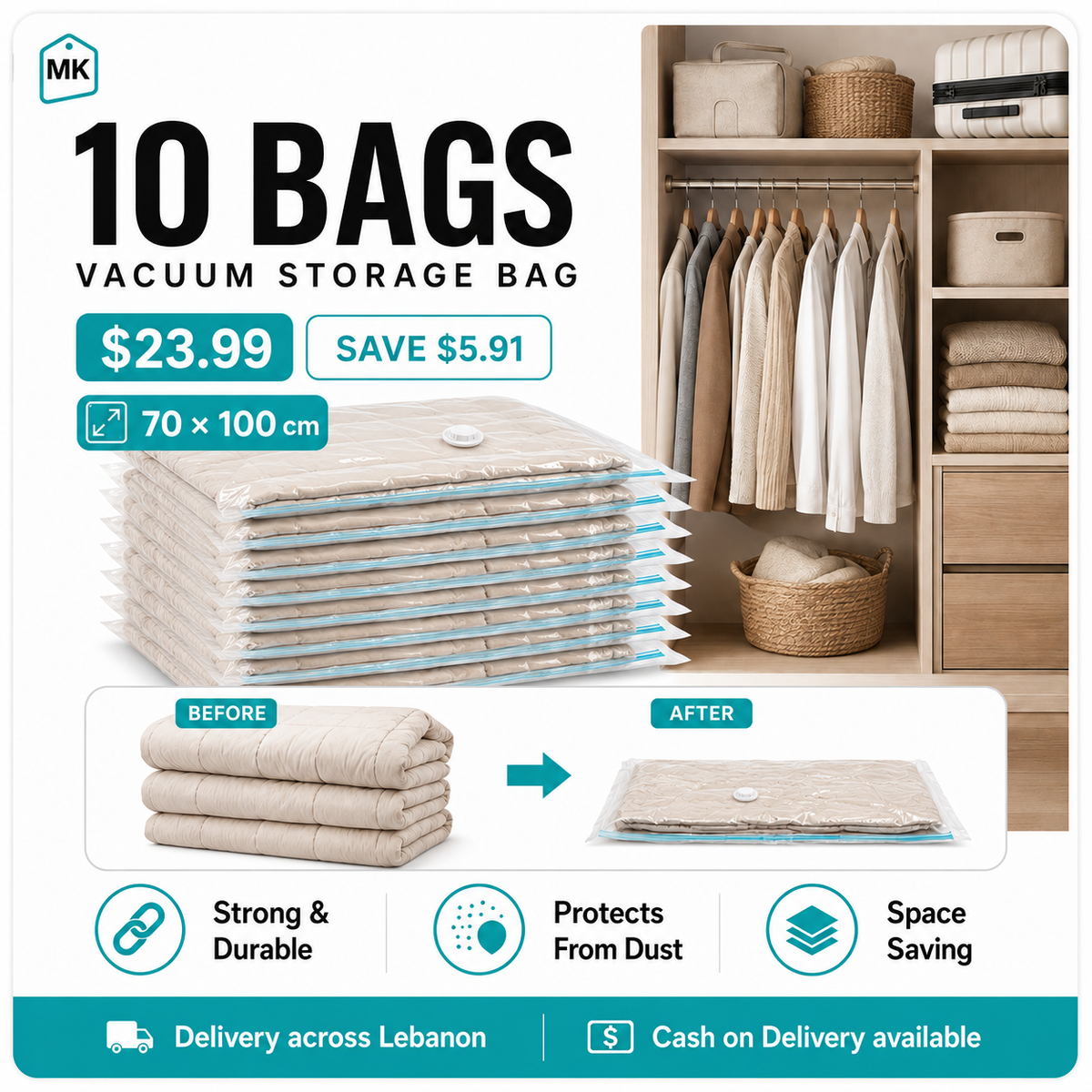 Vacuum storage bag before and after compression