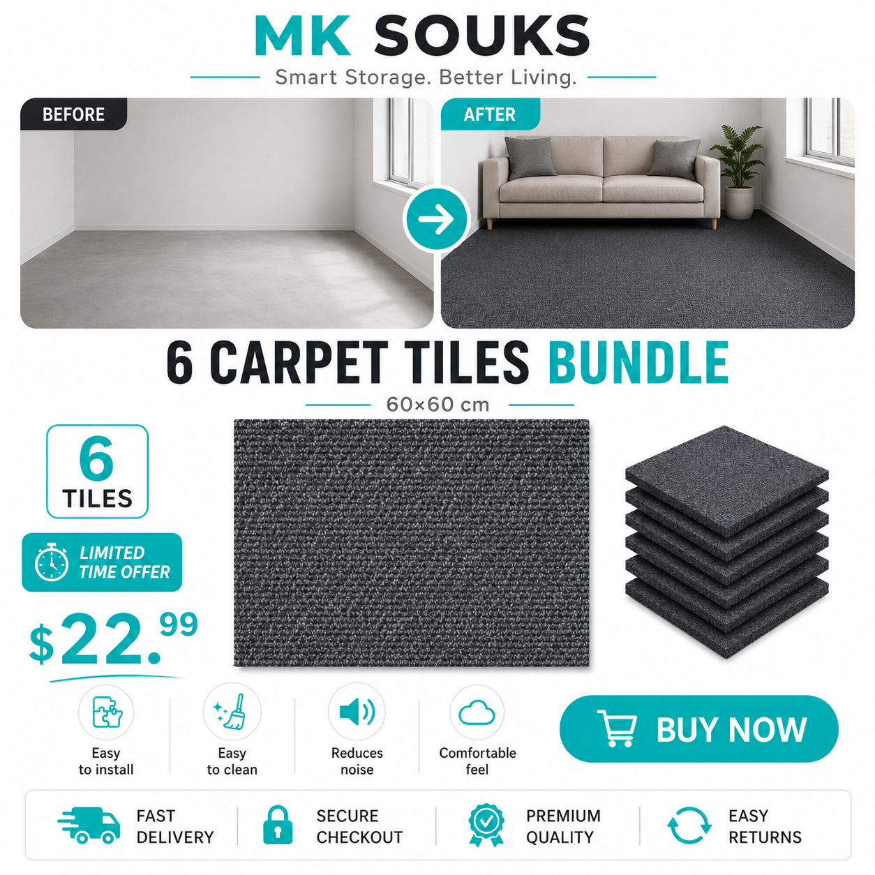 Carpet Tiles 6-Panel Set – بلاط سجاد لاصق