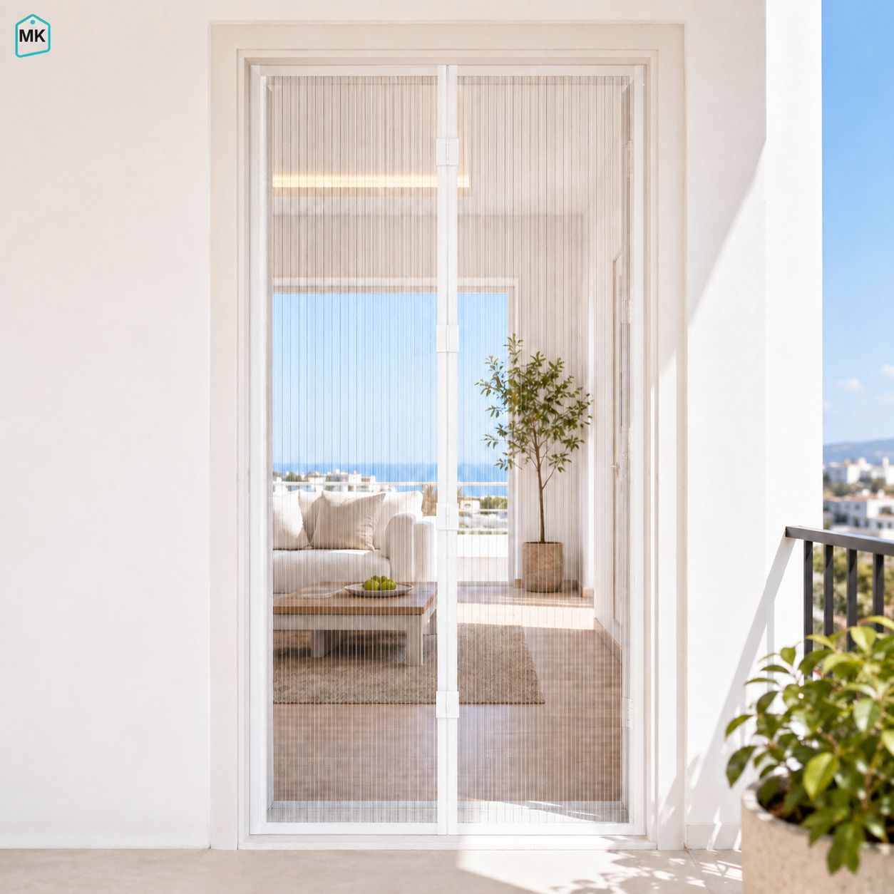 White sliding glass door screen curtains with a fine mesh pattern, shown installed on a balcony overlooking a modern living room with a sofa and ocean view.