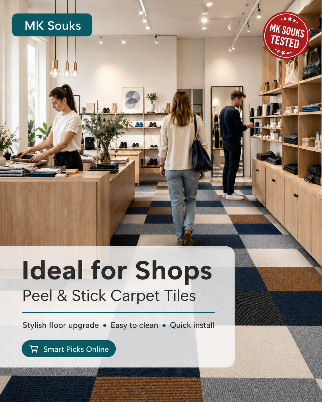 Interior of a store with people shopping, featuring MK Souks carpet tiles advertisement.