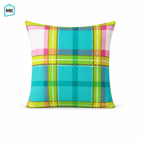 A square throw pillow featuring a vibrant plaid pattern with turquoise, lime green, pink, white, and gray blocks, shown on a clean white background with a small 'MK' logo in the top-left corner.
