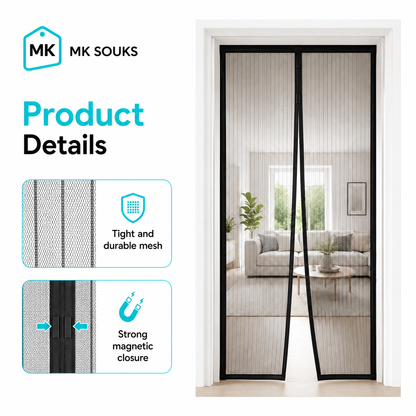 Magnetic screen door with MK Souks branding and product details on a white background
