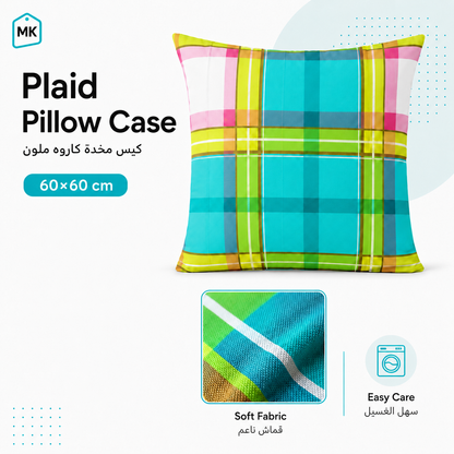 A plaid pillow case in bright turquoise, lime green, pink, yellow, and white, shown on a clean white background with product text, a fabric close-up, and care icon.