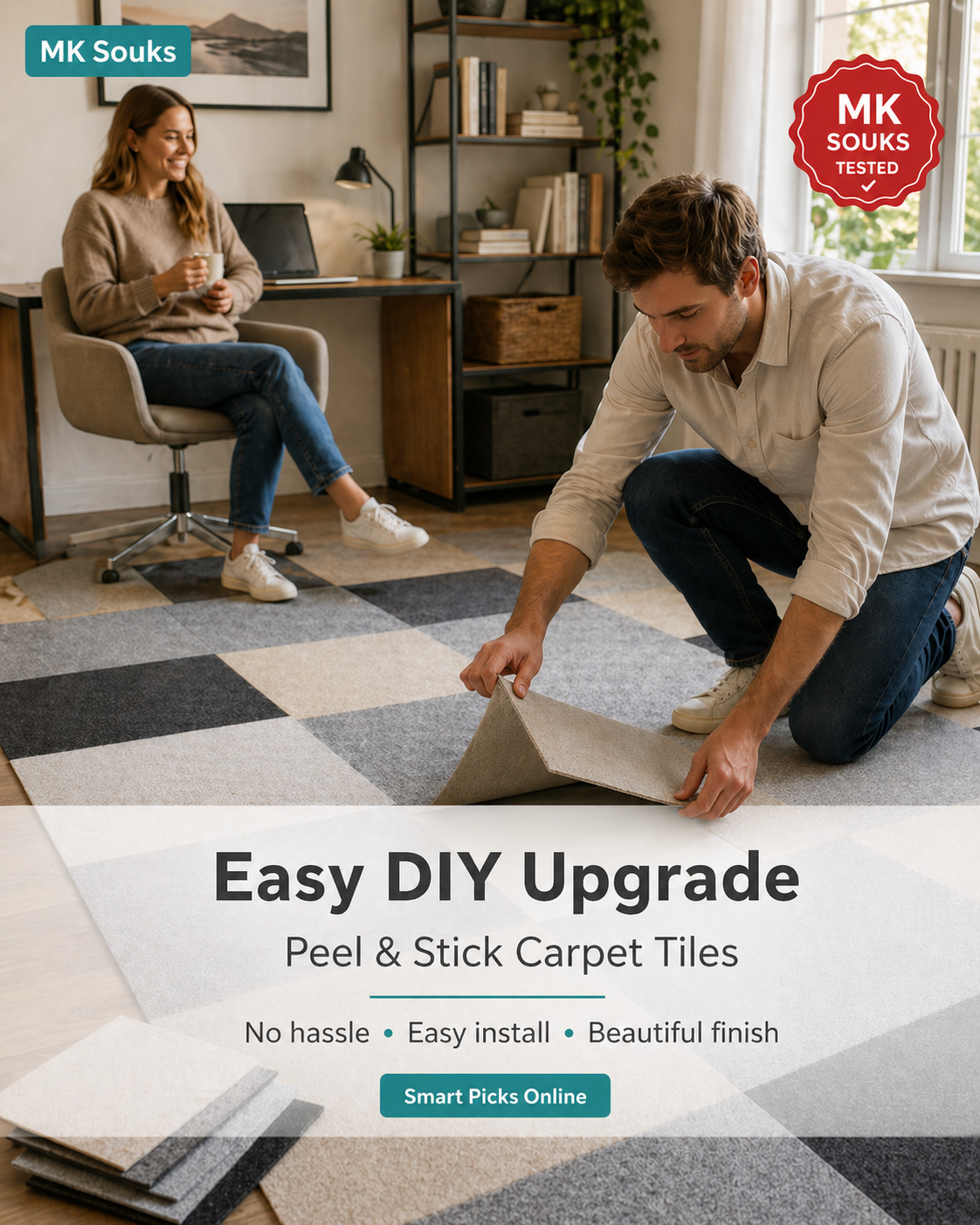 Two people installing peel and stick carpet tiles in a room with text about the product.
