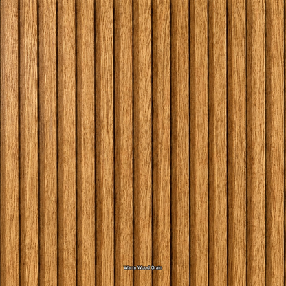 Close-up of wooden panel with vertical slats, labeled 'Warm Wood Grain'.