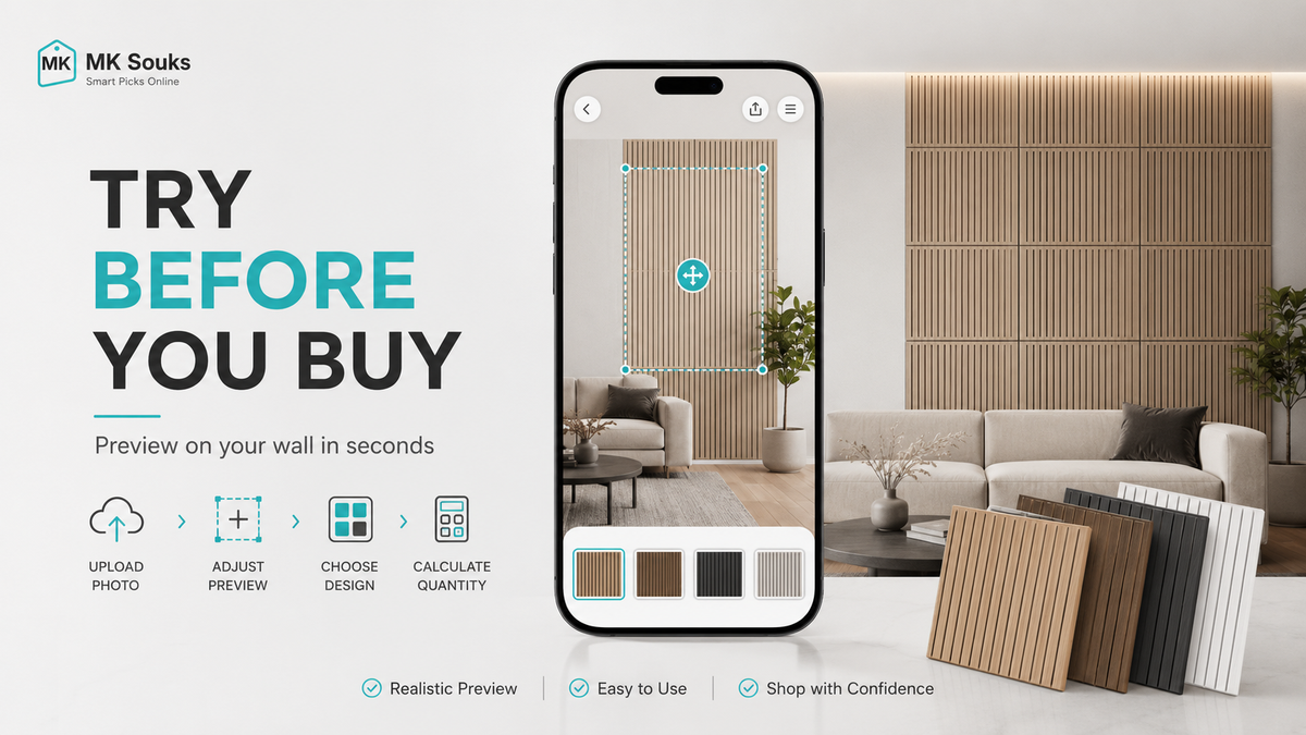 Promotional graphic for a wall paneling product showing a smartphone mockup displaying a room preview with wood-look wall panels installed, alongside physical sample boards and text reading 'TRY BEFORE YOU BUY' and feature icons.
