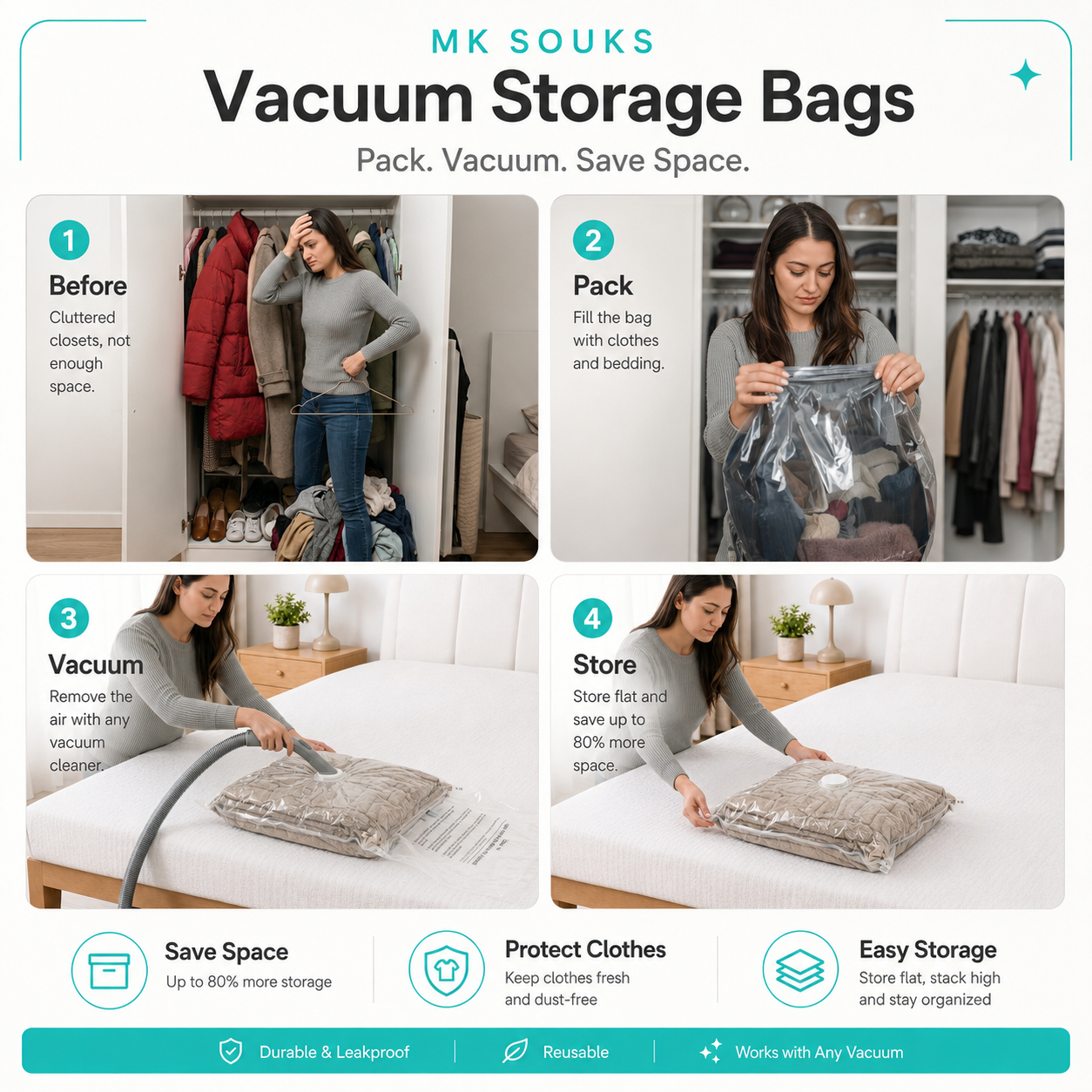how to use instruction guide of vacuum bags woman showing steps 