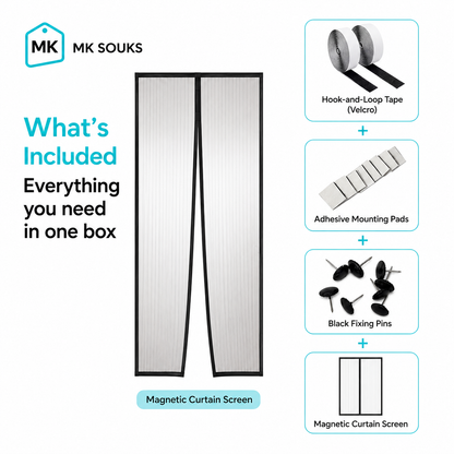 MK Souks magnetic curtain screen with included components on a white background