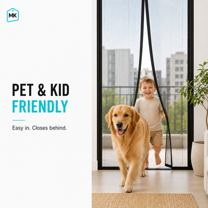 A golden retriever and a young child are shown in front of an open magnetic pet door hanging in a bright indoor space. Text on the left reads 'PET & KID FRIENDLY' with smaller copy 'Easy in.
