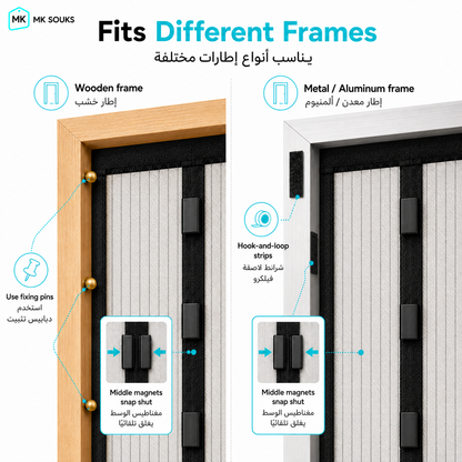 Instruction graphic from MK HK Souts showing how the magnetic shutter fits different frame types, with a wooden frame on the left and a metal/aluminum frame on the right, featuring callout diagrams and zoomed-in inset views of the magnetic snap shut mechanism.