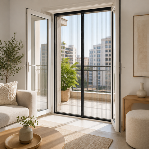 Modern living room with large glass doors leading to a balcony with cityscape view and a mesh curtain on an open door that leaves bugs out.