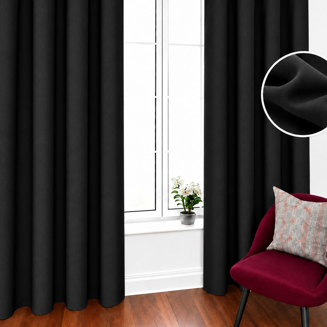 Black velvet curtain fabric color preview, rings on product are black