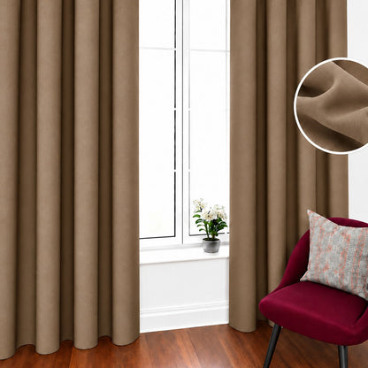 Brown velvet curtain color preview, rings on product are olive tone