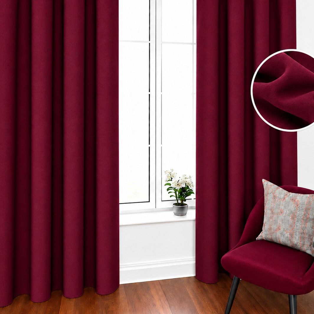 Burgundy velvet curtain color preview, rings on product are bronze