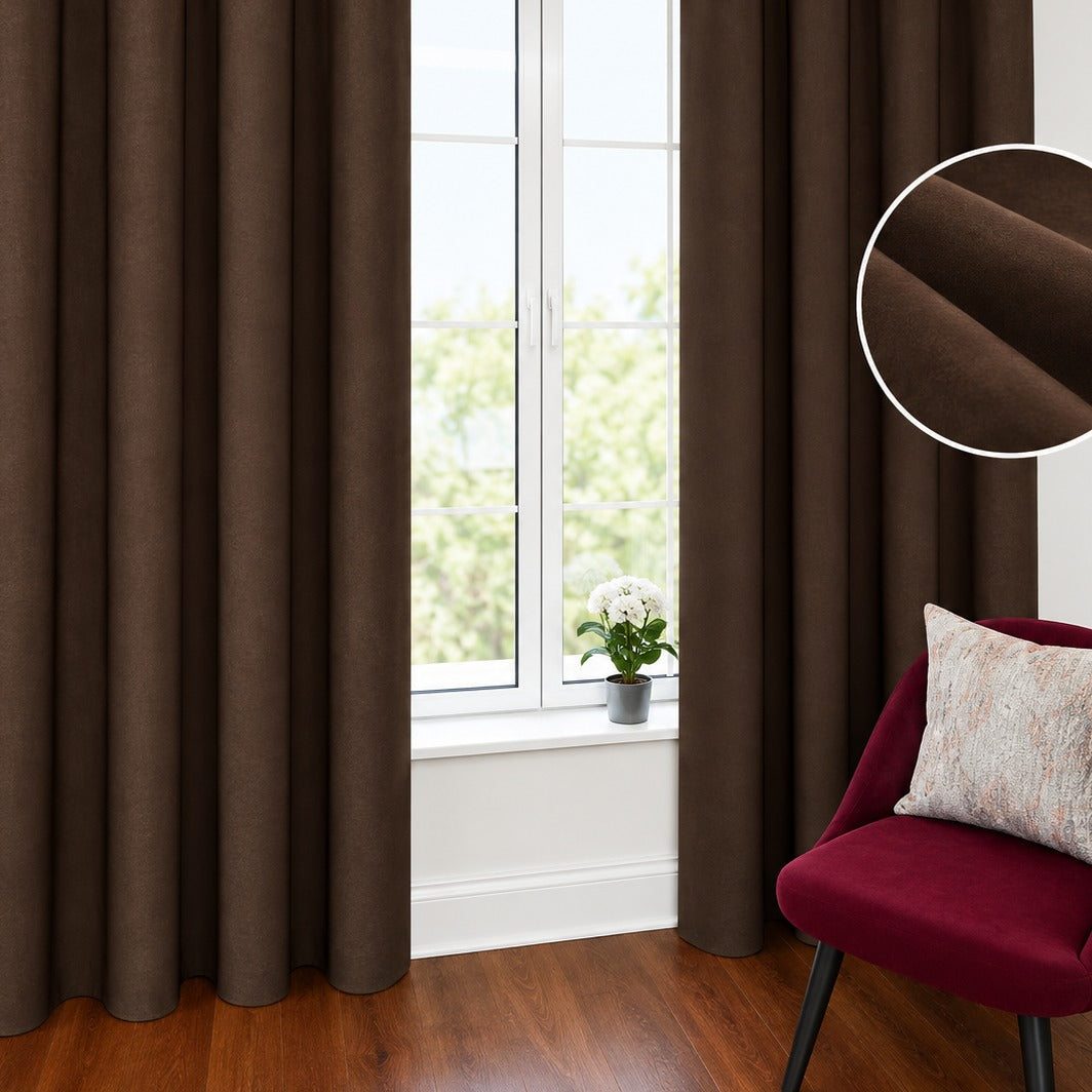 Dark Brown velvet curtain color preview, olive eyelet rings on actual product