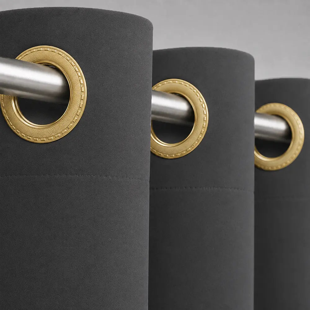 Dark Grey option: velvet fabric and gold eyelet close-up