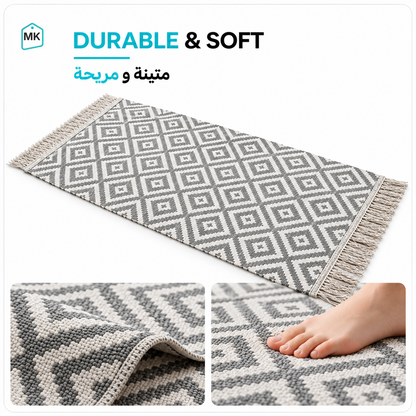 Grey & White reversible rug close-up showing durable soft flat-weave texture